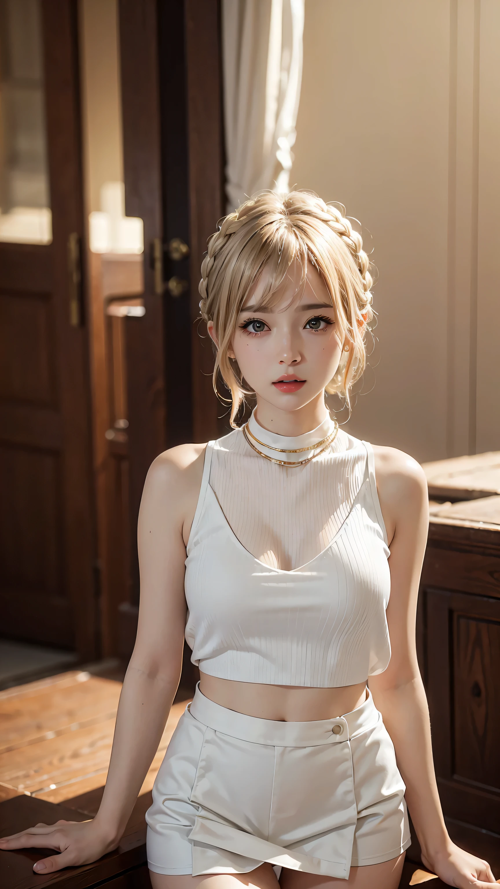 Masterpiece, best quality, super fine, 16k, incredibly absurdres, extremely detailed, beautiful woman, amorous and lewd expression, glossy white-gold messy short hair, side braided, She is wearing a loose-fitting tank top, and mini skirt, superlative body proportion,