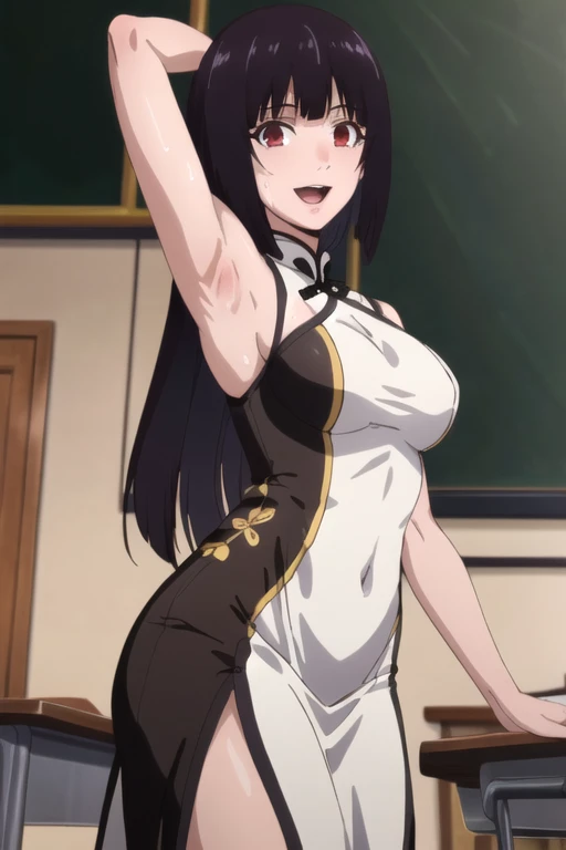 ((best quality)),((highly detailed)),masterpiece,absurdres,detailed face,beautiful face,(detailed eyes, deep eyes),1girl,((dynamic pose)), jabami yumeko, purple hair, long hair, solo, red eyes, open mouth, bow, large breasts, chalkboard, classroom, cowboy shot, school, indoors,desk, seductive smile, looking at viewer, wearing white chinese dress, put your hands behind your head, armpits, armpits visible, sweaty armpits, 