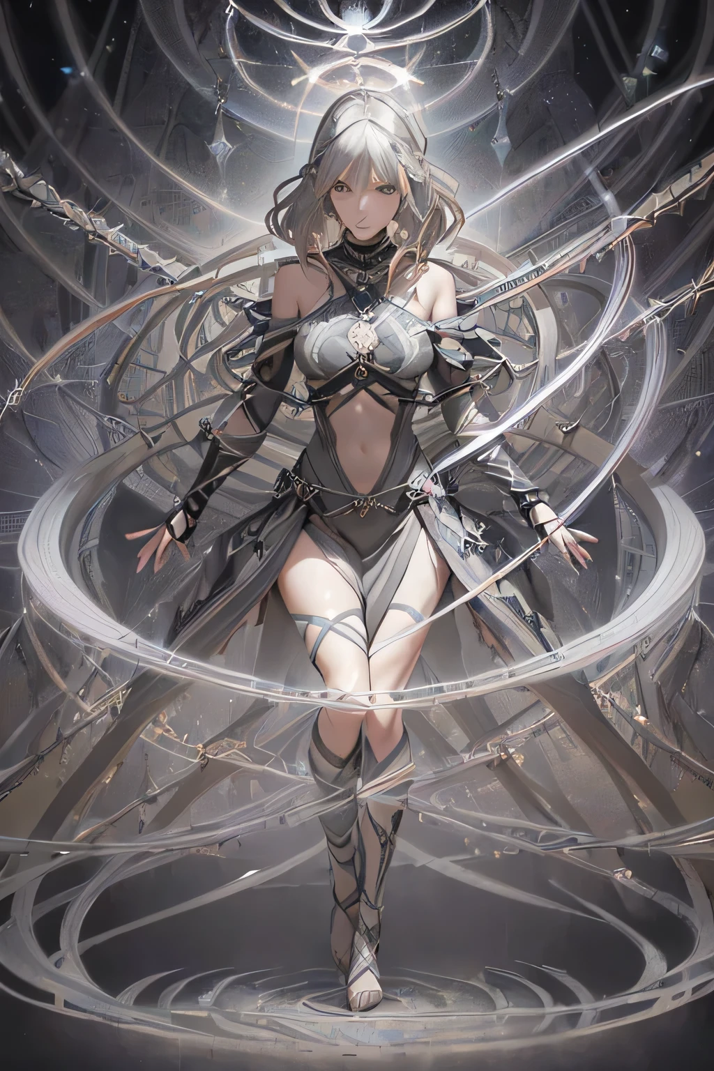 (Tarot card style),(Gray Hair:1.8),masterpiece,highest quality,Realistic:1.2,Realistic,Tyndall effect, (Fractal Art:1.3),One girl,Slender body,(whole body:1.5),Shiny skin, (zIntertwined, Mandala, Tangled, Intertwined:1.2),Brutal,Bright colors,Romanticism, (Dynamic pose), (Dynamic Angle:1.4),European style armor,Jeanne d'Arc, Art by Andre Norton, (The Art of Ferdinand du Puygodeau:1.0), [Digital Art, Very detailed