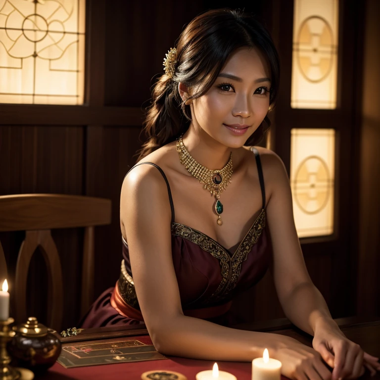 top quality, masterpiece, hi-res, 1 woman, 35 years old, Japanese, western style fortune teller outfit, hair ornament, necklace, jewelry, beautiful face, calm smile, upon_body, Tyndall effect, photorealistic, divination room, candles on table, tarot cards, rim lighting, two tone Lighting, (High Definition Skin:1.2), 8k uhd, DSLR, soft lighting, high quality, volumetric lighting, candid, photography, high resolution, 4k, 8k, bokeh