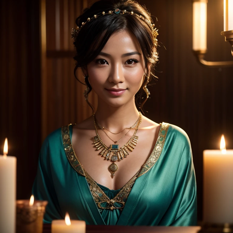 top quality, masterpiece, hi-res, 1 woman, 35 years old, Japanese, western style fortune teller outfit, hair ornament, necklace, jewelry, beautiful face, calm smile, upon_body, Tyndall effect, photorealistic, divination room, candles on table, tarot cards, rim lighting, two tone Lighting, (High Definition Skin:1.2), 8k uhd, DSLR, soft lighting, high quality, volumetric lighting, candid, photography, high resolution, 4k, 8k, bokeh