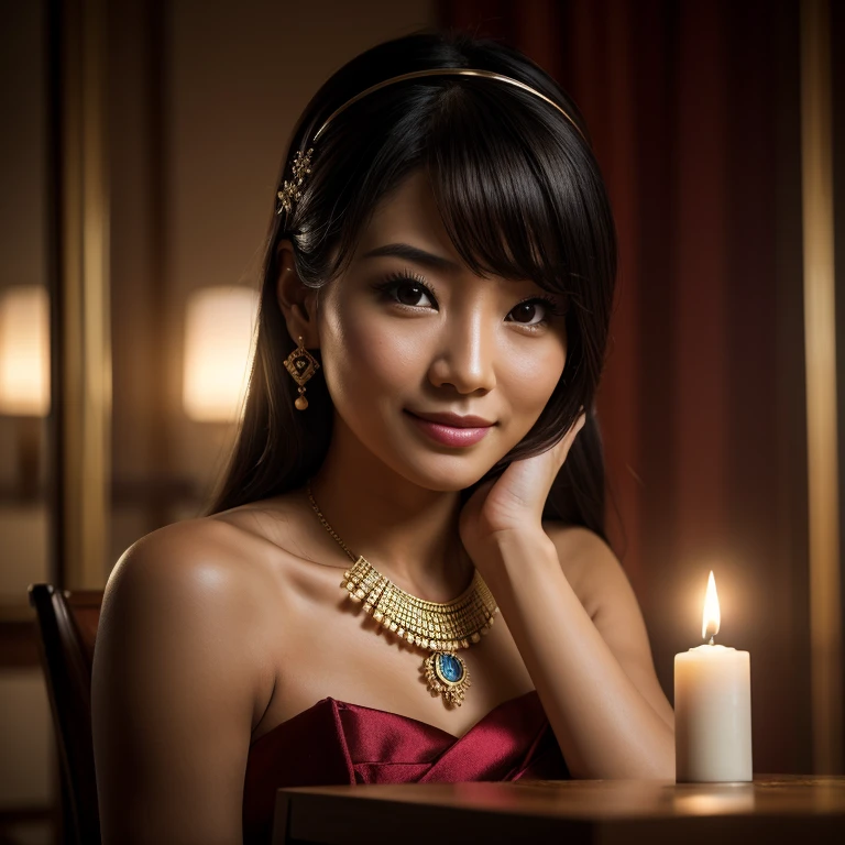 top quality, masterpiece, hi-res, 1 woman, 35 years old, Japanese, western style fortune teller outfit, hair ornament, necklace, jewelry, beautiful face, calm smile, upon_body, Tyndall effect, photorealistic, divination room, candles on table, tarot cards, rim lighting, two tone Lighting, (High Definition Skin:1.2), 8k uhd, DSLR, soft lighting, high quality, volumetric lighting, candid, photography, high resolution, 4k, 8k, bokeh