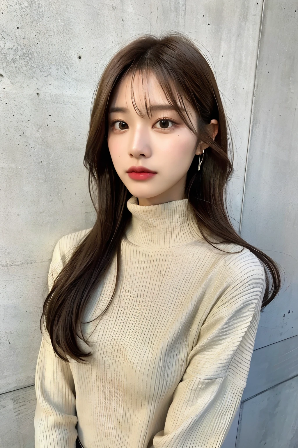 highest quality, 1 Beautiful Woman, 28 years old, s, 35mm lens,, Cowboy Shot, Concrete Background、Mortar style background、Green turtleneck sweater、light brown、Mortar wall,From below、Straight hair、Straight hair、Shiny Hair,Silky Hair、Slender body
