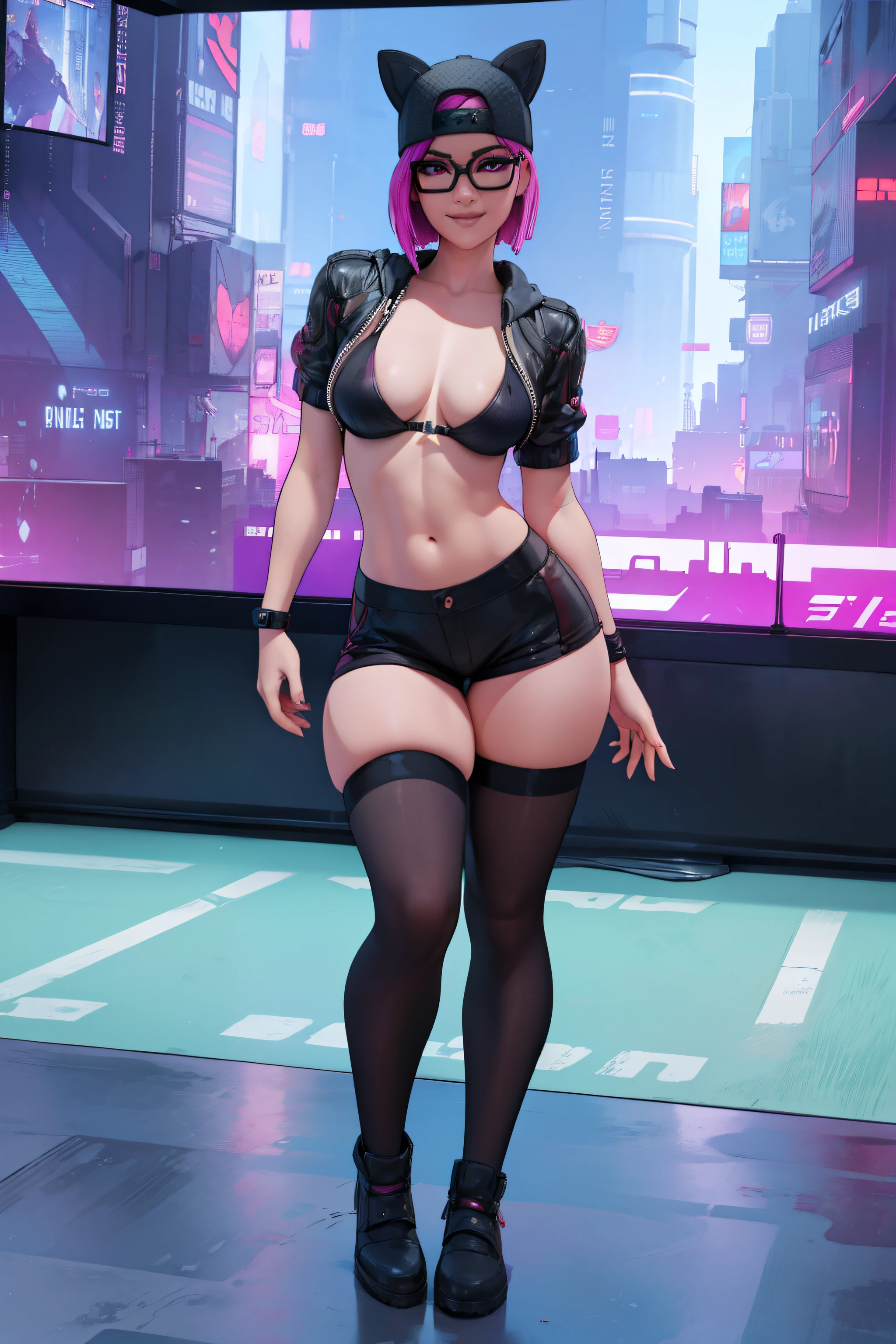 (masterpiece), (best quality), standing, (solo), looking the viewer, cyberpunk, high detailed,extremely detailed,shorts with black stockings,pink bikini, fine eyes, smile,dynamic pose, short pink hair,cap,fingerless glove,glasses.