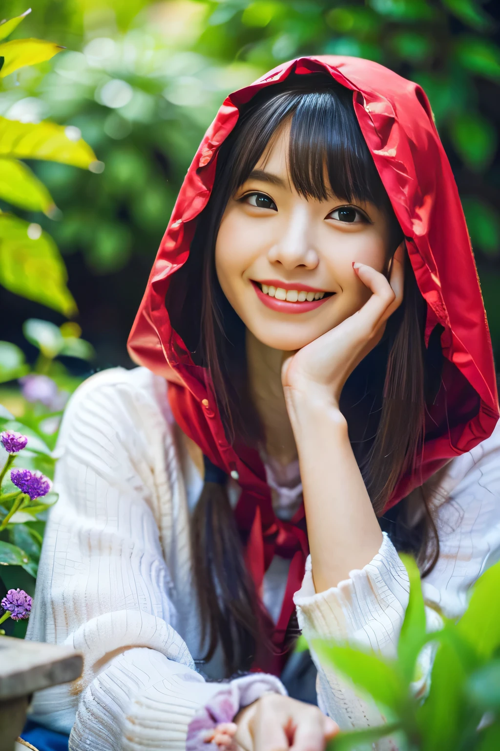 (best quality:1.2),(ultra detailed,highres,HDR,8k,3D,realistic,photorealistic,super fine,effects,official art,detailed background), (very happy smile,young,Japanese,detailed beautiful face), (Happy days),(round face,small face beauty), (dynamic pose:1.3), (head to thighs:1.3), (big red riding hood: 1.3), (Delicate dress), (Small face: 1.2), (Fairy-tale world feeling: 1.1) , (Put the wicker basket on the ground:1)(A garden with multiple flowers blooming, a secret garden:1.3)