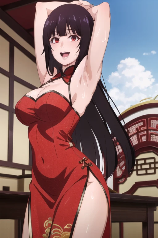 ((best quality)),((highly detailed)),masterpiece,absurdres,detailed face,beautiful face,(detailed eyes, deep eyes),1girl,((dynamic pose)), jabami yumeko, purple hair, long hair, solo, red eyes, open mouth, bow, large breasts, cowboy shot, chinese town, outdoors,desk, seductive smile, looking at viewer, wearing red chinese dress, put your hands behind your head, armpits, armpits visible, sweaty armpits,