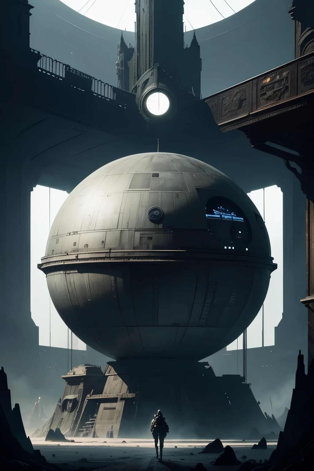 early concept art, death star, illustration, pen and ink, engineering, imaginative, machine-like appearance, round shape, giant metal sphere, highly detailed, elaborate designs, unique structure, impressive size, precise measurements, complex systems, interior corridors, turbolaser turrets, huge superlaser, advanced technology, otherworldly, extraterrestrial, spacecraft, futuristic, grandiose, moody lighting, dark and ominous atmosphere, subtle color palette, mysterious, foreboding, sci-fi, medieval-inspired design, aesthetic complexity, timeless artistry, impossible engineering marvels, catalogue of designs, 15th-century, visionary inventiveness, fantastical inventions