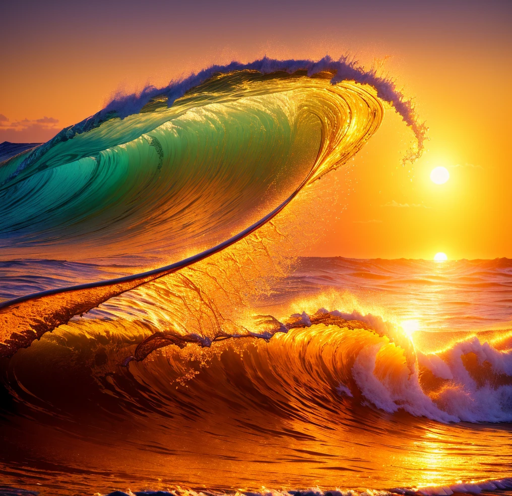 Masterpiece, best quality, (8k very detailed CG unit wallpaper) (best quality), (best illustration), (best shadows) a golden sea wave, bright orange aol sunset through the wave, golden droplets flying, (:1.6)