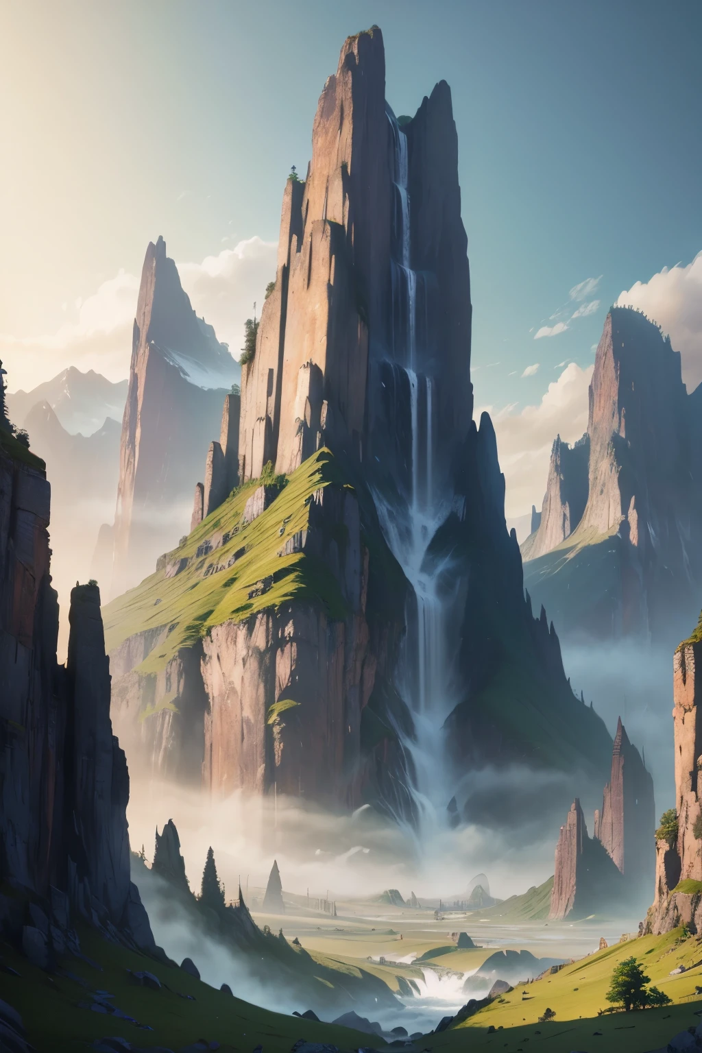 mountains with a waterfall and a few trees in the foreground, impressive fantasy landscape, an epic landscape, fantasy matte painting,cute, fantasy art landscape, most epic landscape, 4k hd matte digital painting, epic fantasy landscape, 4k highly detailed digital art, epic dreamlike fantasy landscape, epic landscape, 4 k matte painting, ross tran. scenic background