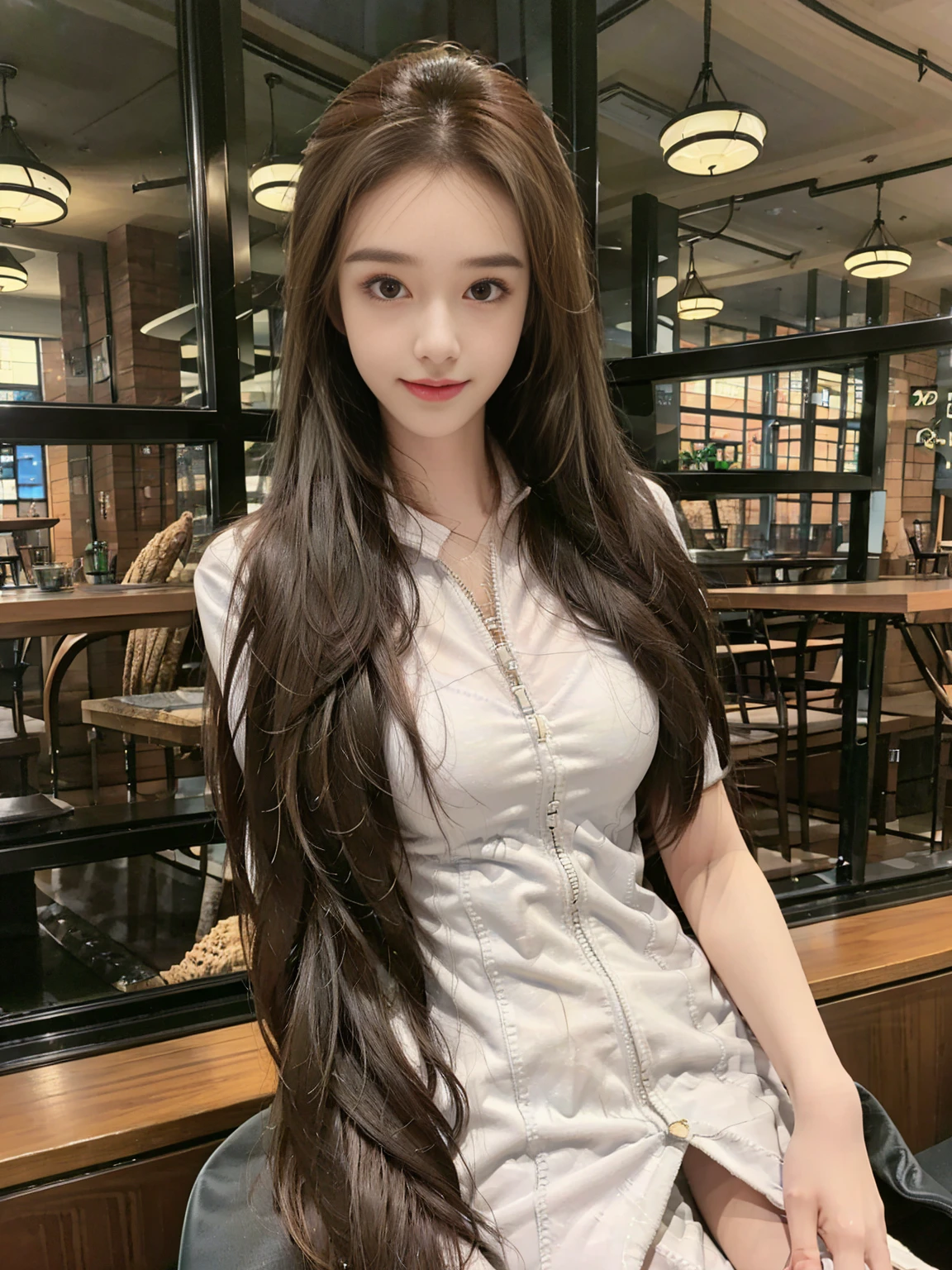 Practical, high resolution, 1 girl, Long hair,Korean hair,,Loose white shirt for oval face, dress,, thigh,Light makeup，In the cafe