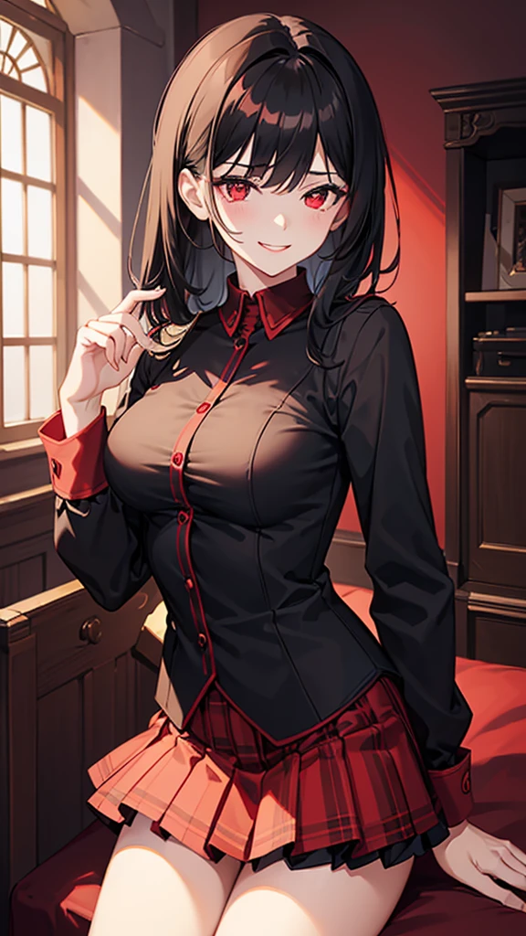 best quality, masterpiece, 1girl, elegant, medium black hair, red eyes, thighhig, black uniform, red tartan skirt, plain background, subtle smile, smirk, soft lighting, medium breasts, monochrome 