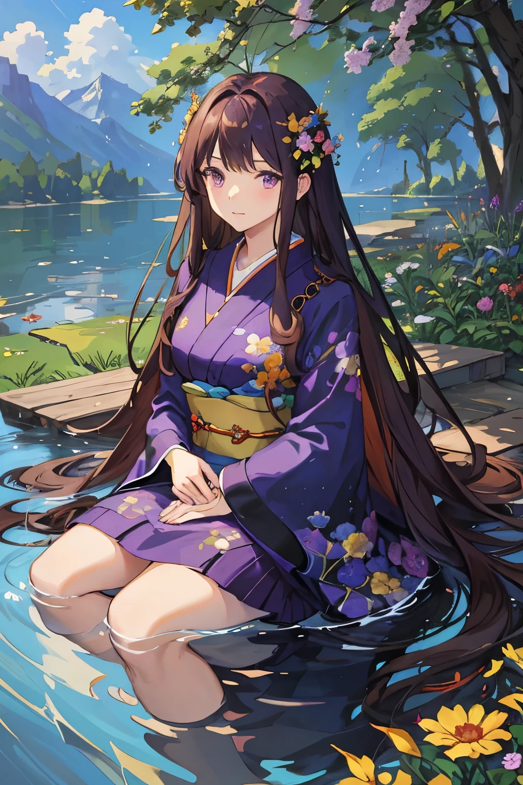 Masterpiece anime, summer scene in meadows, beautiful young woman in vibrant kimono, long brown hair with flowers, big expressive purple eyes, sitting on the Edge of a colorful lake, serene expression, mountaineous backdrop resembling alpine, hyper-detailed, HD resolution, cinematic, lens flare, dynamic lighting, deep focus, 9:16 aspect ratio.
