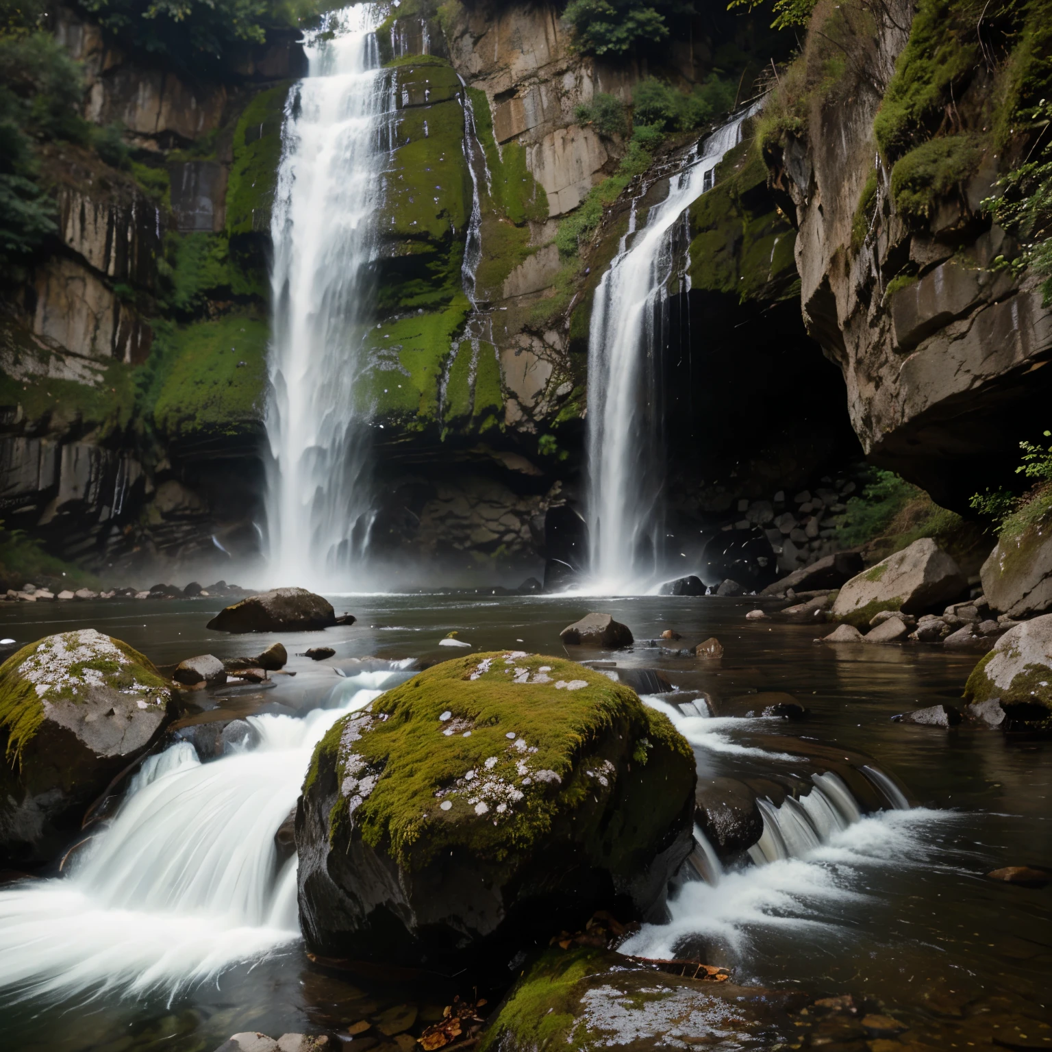 Flasche auf einem Stein mit einem Wasserfall im Hintergrund 