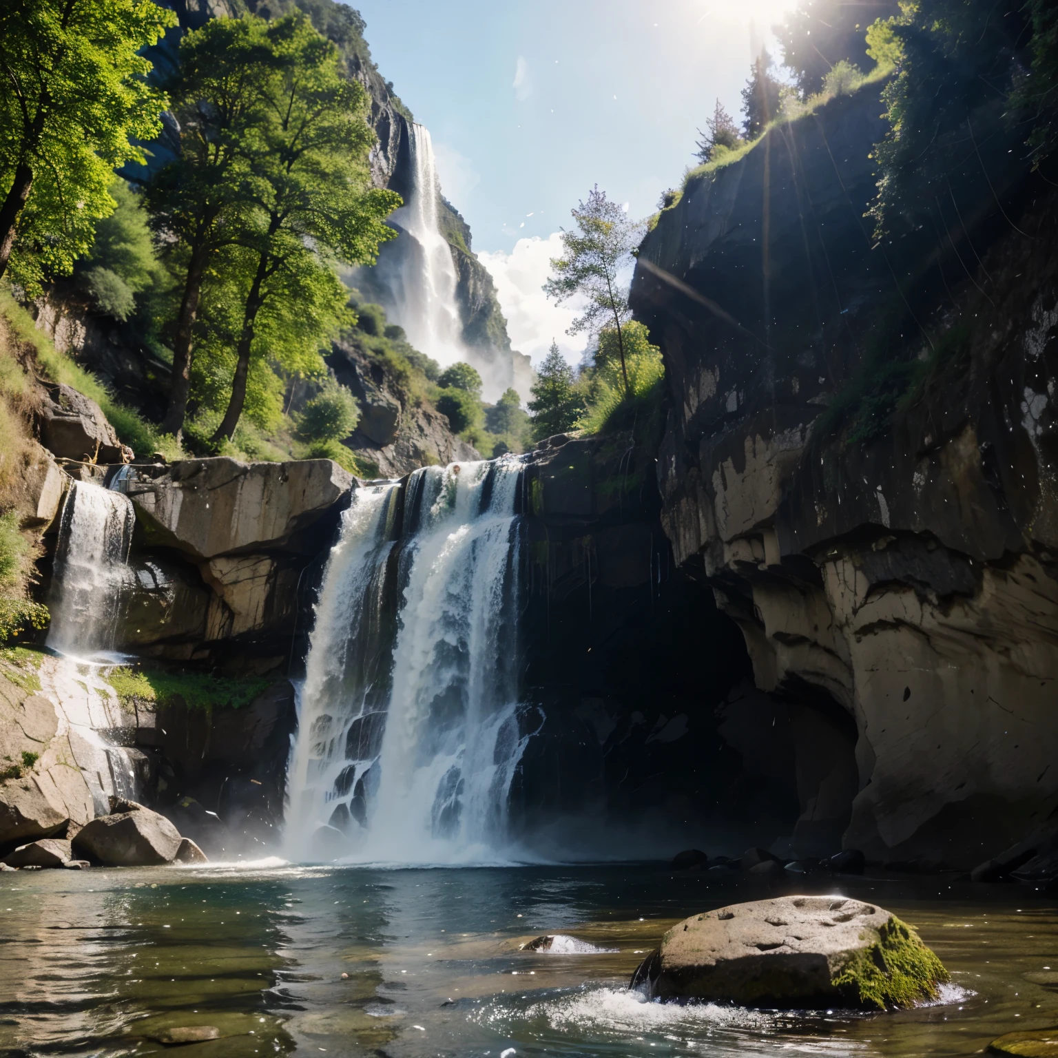 Flasche auf einem Stein mit einem Wasserfall im Hintergrund 