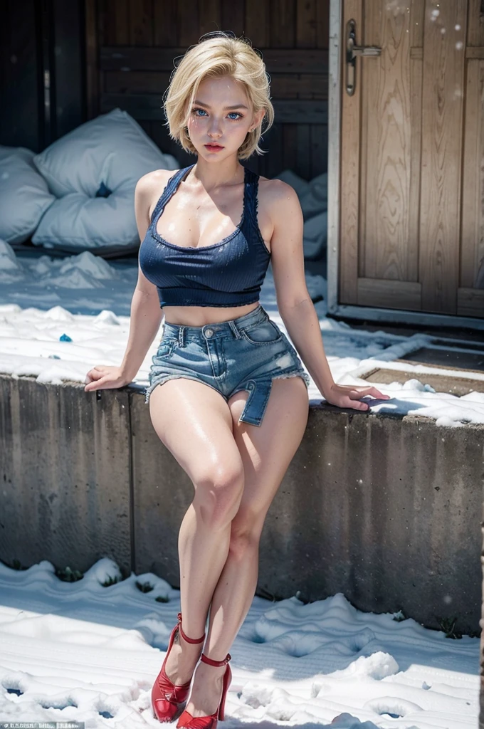 (cowboyshot: 1.2), (ANDROID_18, AND18\(dragon ball z\), (finely detailed beautiful eyes and detailed face), (face through thigh: 1.4), (knee shot: 1.2), blonde hair, solo, lady, (detail in the eyes), (detail in the face), ((small breasts)), incredibly beautiful, ((blue eyes)), blush, ((makeup)), ((red lipstick)), ((small and thick lips)), (beautiful background), :), dynamic angle, blue eyes, light face, sunlight, (bright face: 1.2), very wide hips, very thick thighs, (full body shot), solo, blonde hair,  blue eyes, short hair, earrings, jewelry, ((with a gorgeous shorts)), high heels, in the snow
