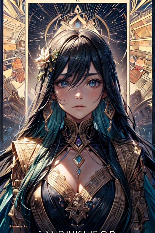 (Masseter region,highest quality,Very detailed), (Detailed face),Noble, ヨーロッパの女性の顔のPortraiture, High resolution, 1 girl, (View from the front), blonde, blonde, Eimei, Aristocratic costume,Dagger decoration, Upper Body, Flat Chest, (Beautiful details in the eyes: 1.1), (Great hands), (Detail Light: 1.1), Film Light, Fair skin type, (Looking at the audience), (magazine:1.3), (Cover Style:1.3), Rough skin, Very detailed, Tarot Boundaries, Border, Alphonse Mucha, Dynamic stripes, orbit:1.2, Golden yellow, Beautiful and bright color scheme, Portraiture, Looking at the audience, alone, (Whole Body Ezbian:0.6), Detailed face, (Ancient Mesopotamian theme), Sumerian, Mesopotamian mythology, Uruk, ziggurat, Demi god,Flower Hair Ornaments, (Thriving Civilization), Ancient palace, performer, Suspended particles, Fibonacci