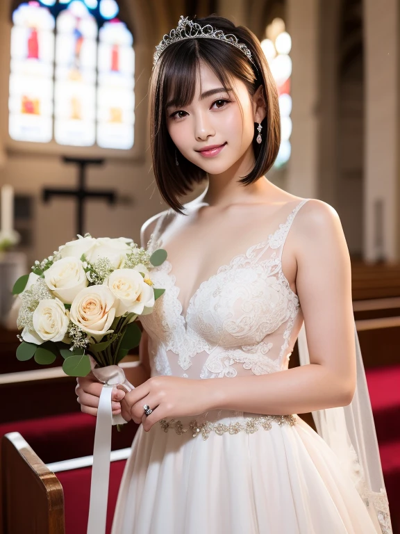 (highest quality:1.5)、(Realistic:1.5)、(1 person:1.5)、(Medium Shot:1.5)、Very detailed、High resolution、8k wallpaper、、Small breasts、Natural color lips、Cute Smile、Japanese women、20-year-old girl、Beautiful and elegant face、Perfect and beautiful face、Large, balanced eyes、Brunette's eyes、Beautiful and elegant face、Beautiful double eyelids、Natural Bangs、Beautiful thin nose、Beautiful Skin、Fair skin、Medium Bob Hair、Natural Bangs、Perfect and beautiful face、Slim face and figure、(Looking at the camera with a sweet smile)、Bright lighting、Professional Lighting、Forward lighting、Natural smile、Wedding ceremony in a church with beautiful stained glass、Wedding dress、tiara、Holding the bouquet at stomach level、
