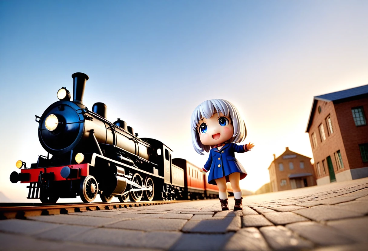 masterpiece, 最high quality, A girl and an old electric locomotive like the EF58 next to her「an old electric locomotive」A composition in which a man approaches from behind a girl、Fisheye Lens、A girl in a wide-angle shot、sunlight, A dark navy blue sky with a gradation effect、A girl in the background、17 years old、 A cute face full of delicate and affectionate feelings、A happy look、Well-balanced eyes, nose and mouth、Baby Face, (Silver Hair)、A fantasy world where a girl stands next to a large, shabby building that looks like an old railroad shack, and a rugged, violent, tiny person the size of a sesame seed coexist.、Huge old trains and electric locomotives、A single huge EF58-like light is dimly lit, like a stone on the side of the road. An old electric locomotive 、Approaching the girl from behind was an enormous EF58 train, ten times the height of the girl.、railだらけで踏切の鳴りやまない古い町並みの世界観、People like sesame seeds walking down the street、People like sesame seeds biting the girl、Highly detailed and surreal brick station building, platform、rail、Branching point、と遠くまで行くrailと点滅してる踏切のランプや信号,地平線が見える広い視野のある景色に溶け込む正面から見るrailとホームと古い電気機関車、Detailed face, , Clear focus, Volumetric Fog, 8k , Large format SLR camera, high quality,, Wide-angle lens、Someone seems to be talking to Thomas.。Who was it that called him?？Thomas the Tank Engine？