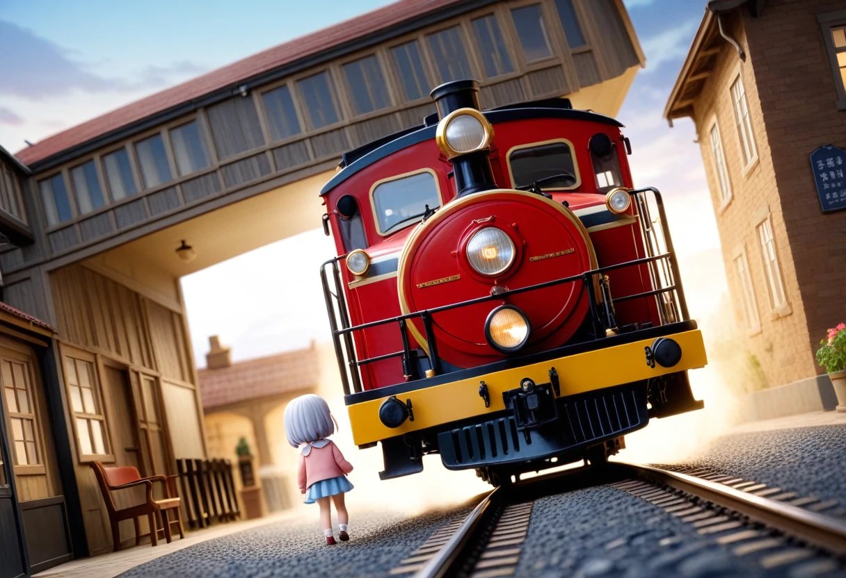 masterpiece, 最high quality, A girl and an old electric locomotive like the EF58 next to her「an old electric locomotive」A composition in which a man approaches from behind a girl、Fisheye Lens、A girl in a wide-angle shot、sunlight, A dark navy blue sky with a gradation effect、A girl in the background、17 years old、 A cute face full of delicate and affectionate feelings、A happy look、Well-balanced eyes, nose and mouth、Baby Face, (Silver Hair)、A fantasy world where a girl stands next to a large, shabby building that looks like an old railroad shack, and a rugged, violent, tiny person the size of a sesame seed coexist.、Huge old trains and electric locomotives、A single huge EF58-like light is dimly lit, like a stone on the side of the road. An old electric locomotive 、Approaching the girl from behind was an enormous EF58 train, ten times the height of the girl.、railだらけで踏切の鳴りやまない古い町並みの世界観、People like sesame seeds walking down the street、People like sesame seeds biting the girl、Highly detailed and surreal brick station building, platform、rail、Branching point、と遠くまで行くrailと点滅してる踏切のランプや信号,地平線が見える広い視野のある景色に溶け込む正面から見るrailとホームと古い電気機関車、Detailed face, , Clear focus, Volumetric Fog, 8k , Large format SLR camera, high quality,, Wide-angle lens、Someone seems to be talking to Thomas.。Who was it that called him?？Thomas the Tank Engine？