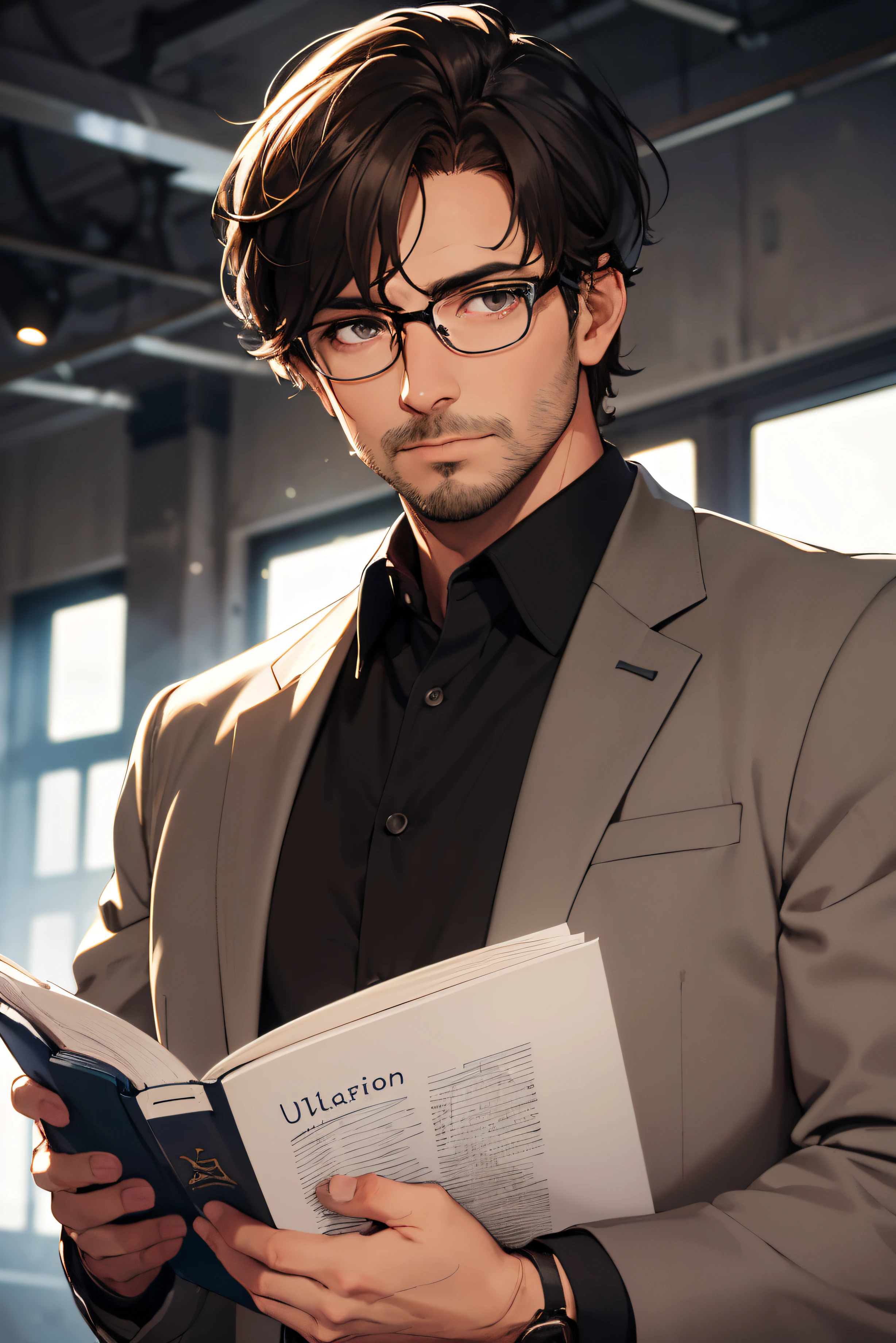 1man, middle-aged, light-bearded, light-brown skin, short black hair, dark brown eyes, semi-formal attire, wears reading glasses, high res, ultrasharp, 8k, masterpiece, looking at viewer, mecha