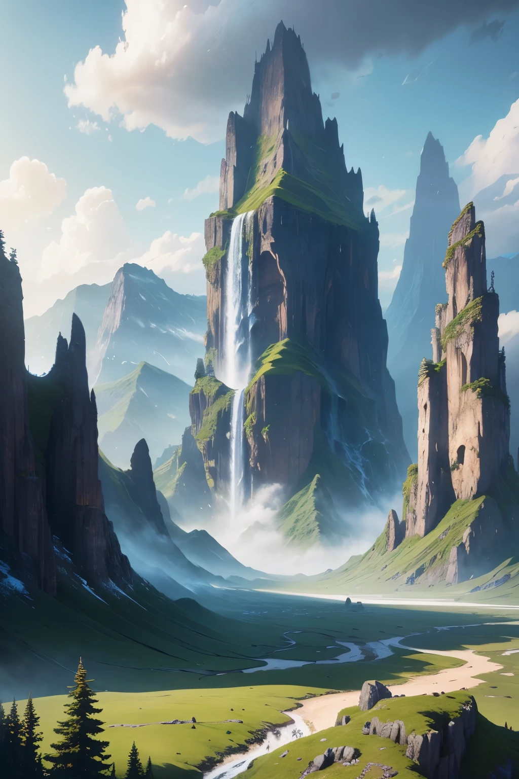 mountains with a waterfall and a few trees in the foreground, impressive fantasy landscape, an epic landscape, fantasy matte painting,cute, fantasy art landscape, most epic landscape, 4k hd matte digital painting, epic fantasy landscape, 4k highly detailed digital art, epic dreamlike fantasy landscape, epic landscape, 4 k matte painting, ross tran. scenic background