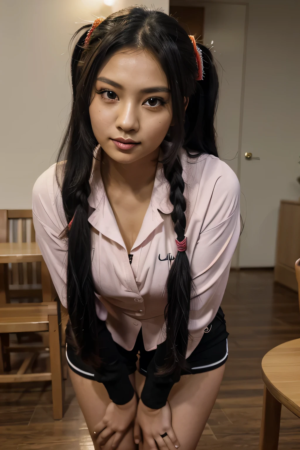 ((masterpiece)), (best quality), (detailed), 1 malay girl,
looking at viewer, (lipstick:0.75), leaning forward,
long black hair, twintails,
colorful thighighs,
winter, vivid colors,