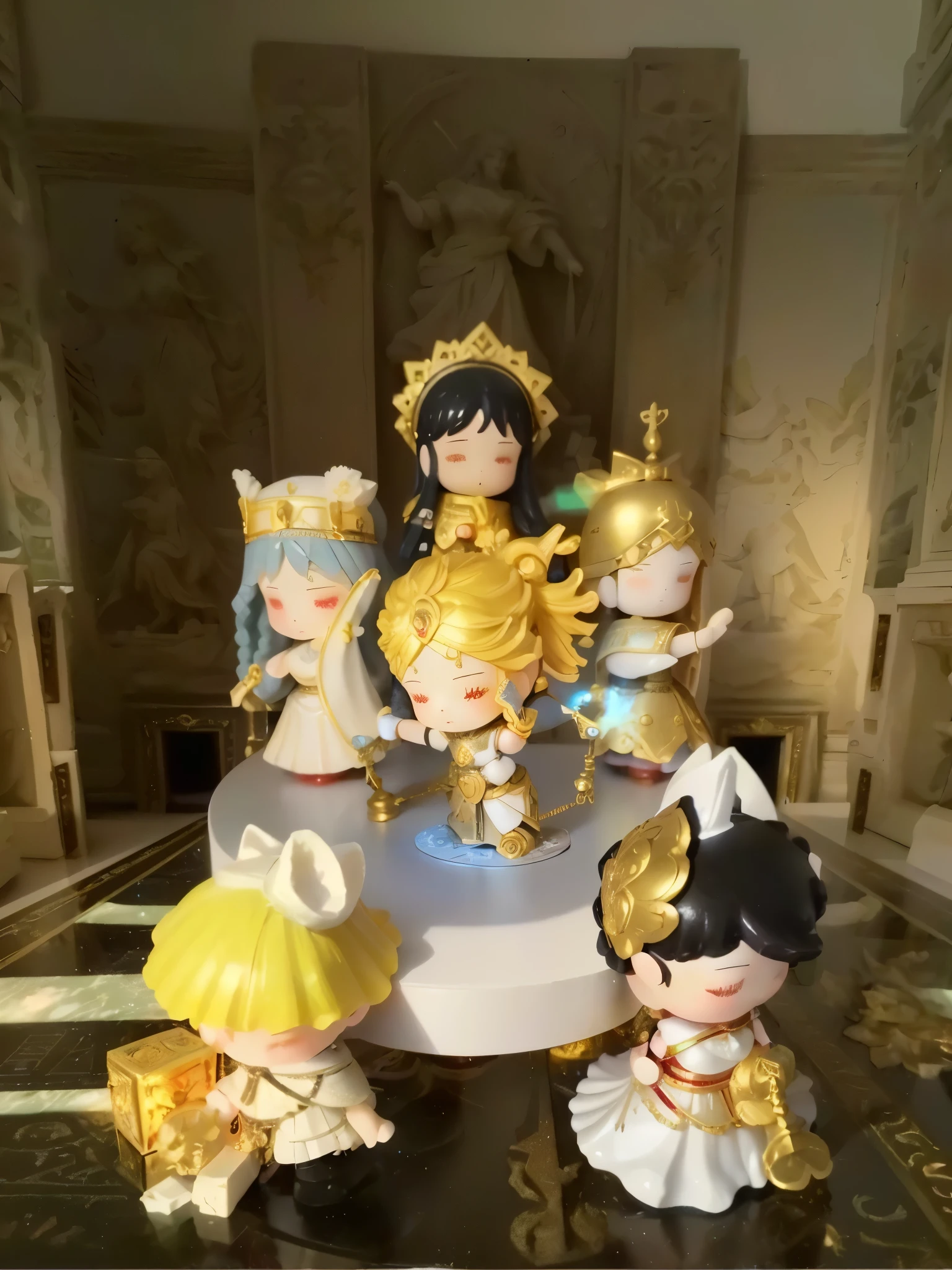 there are many figurines of different characters on a table, art toys ,roman aesthetic,Tarot ,sodiac,light effect,particle light
