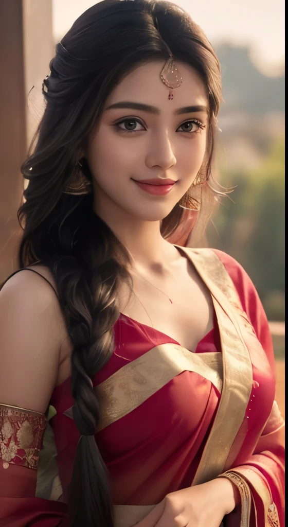 Close up, 24 year old indian woman, Bridal Red silky satin saree, White skin, long dense braided hair, Corn forming Fields landscapes background, ultra realistic, realism, cute, charming, day time, tattooed body, medium height, big eyes, pure Indian style saree, ambient lighting, perfect anatomy, detailed body and face, 8K, Masterpiece, RAW photo, Best quality, Photorealistic, Extremely detailed CG Unity 8K wallpaper, Noval Showing, Most Beautiful smile, ((smile:1.2)), very hot look eyes, Beautiful Smile 