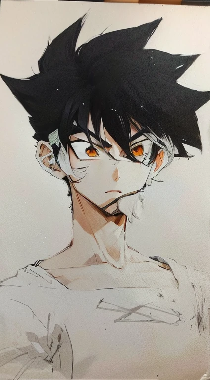 desenho de um menino com cabelo preto e olhos amarelos, goku humano, personagem de estilo anime, retrato de goku, retrato estilo anime, manga character, personagem de anime portrait, personagem de anime, um desenho de anime, em estilo anime, retrato de anime, estilo de anime masculino, face retrato de anime, estilo anime semi-realista, estilo anime sutil, jovem anime homem, estilo de anime muito moderno