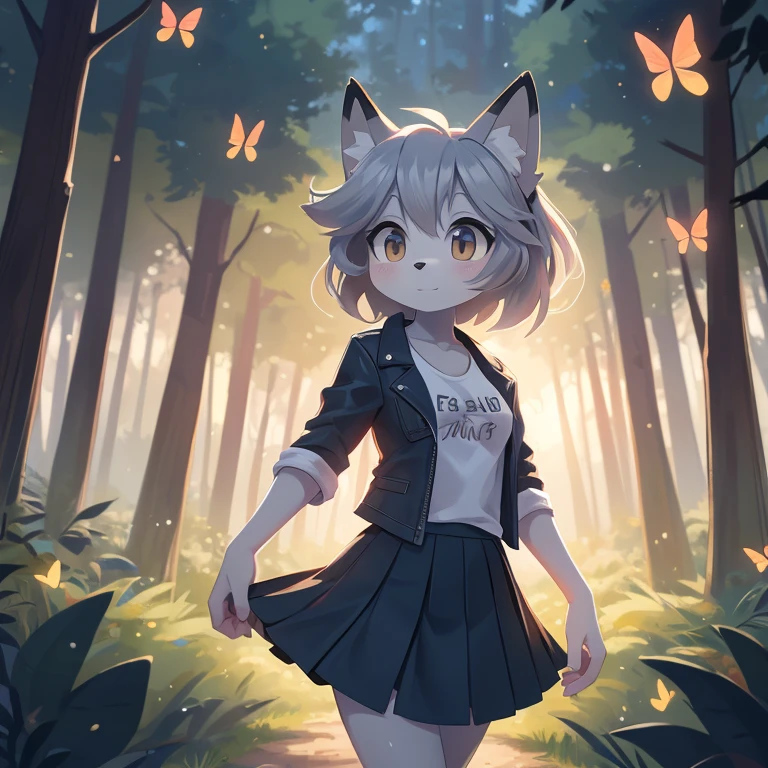 source_furry, furry fox girl, 1girl with (gray hair and gray skin and gray fur), wearing a black denim jacket and a white t-shirt, wearing a pleated black skirt, outside in a magical forest with butterflies