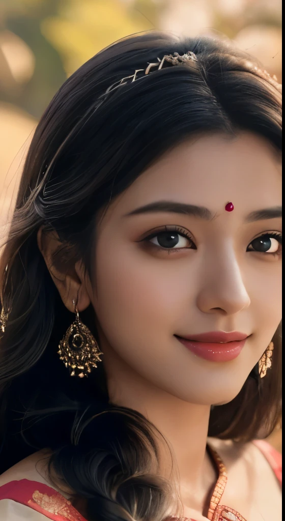 Close up, 24 year old indian woman, Bridal Red silky satin saree, White skin, long dense braided hair, Corn forming Fields landscapes background, ultra realistic, realism, cute, charming, day time, tattooed body, medium height, big eyes, pure Indian style saree, ambient lighting, perfect anatomy, detailed body and face, 8K, Masterpiece, RAW photo, Best quality, Photorealistic, Extremely detailed CG Unity 8K wallpaper, Noval Showing, Most Beautiful smile, ((smile:1.2)), very hot look eyes, Beautiful Smile