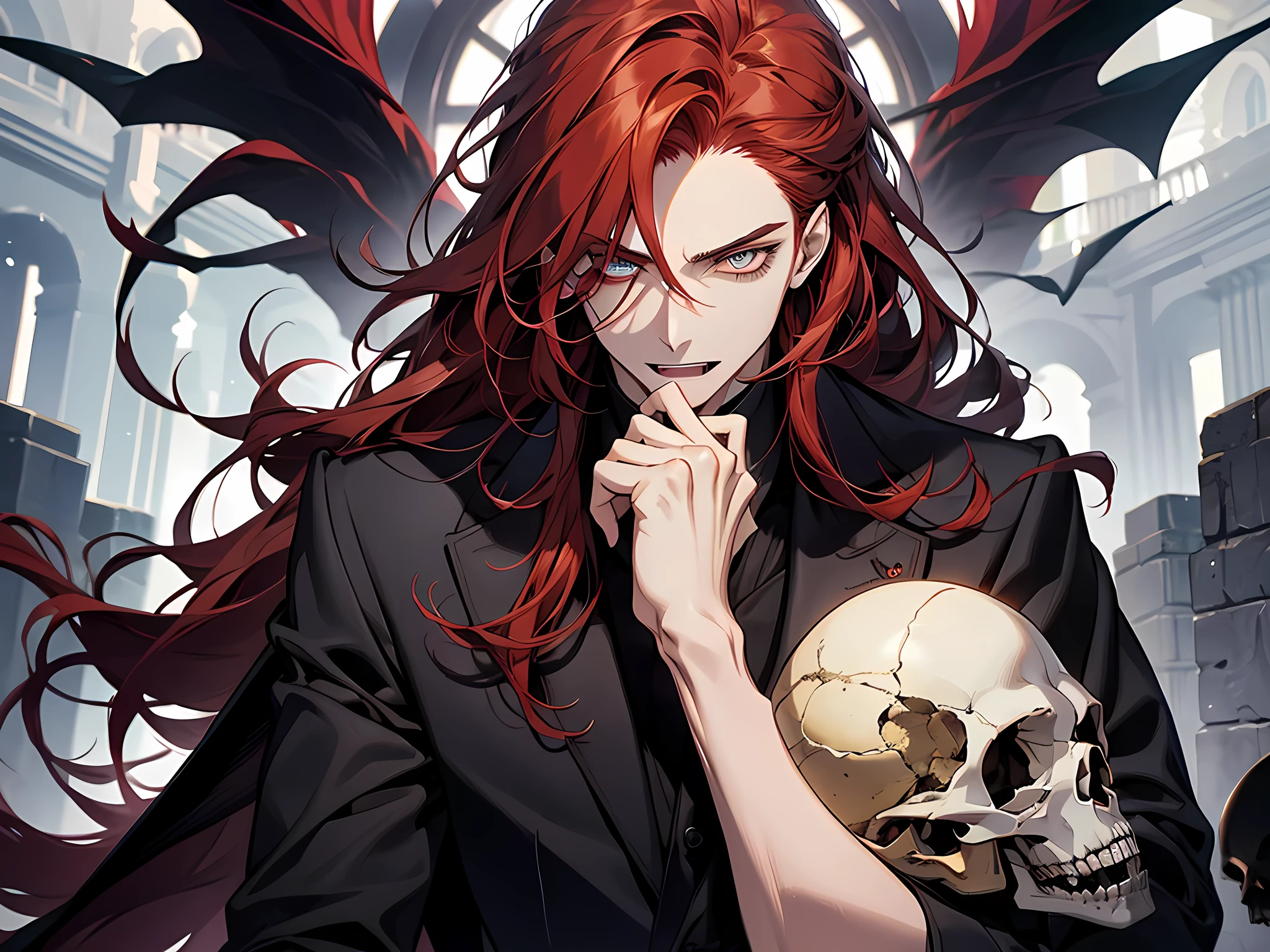 1 man, red hair, long hair, he wears formal attire in all black. he has a confident look and appears to be intelligent. his eyes are red. he is lean and tall. he is in the underworld, holding skull, skull on his hand, skull, open mouth, canine tooth, detailed eyes, extremely detailed eyes, half body, dateiled face