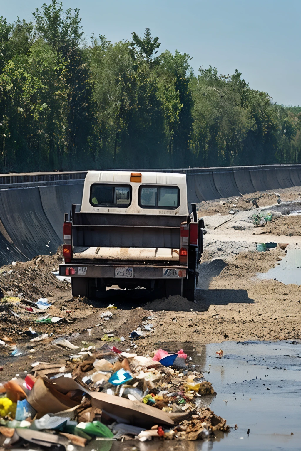 Dump truck dumping a lot of garbage into a river, bad, dirty, beautiful photo, water droplets