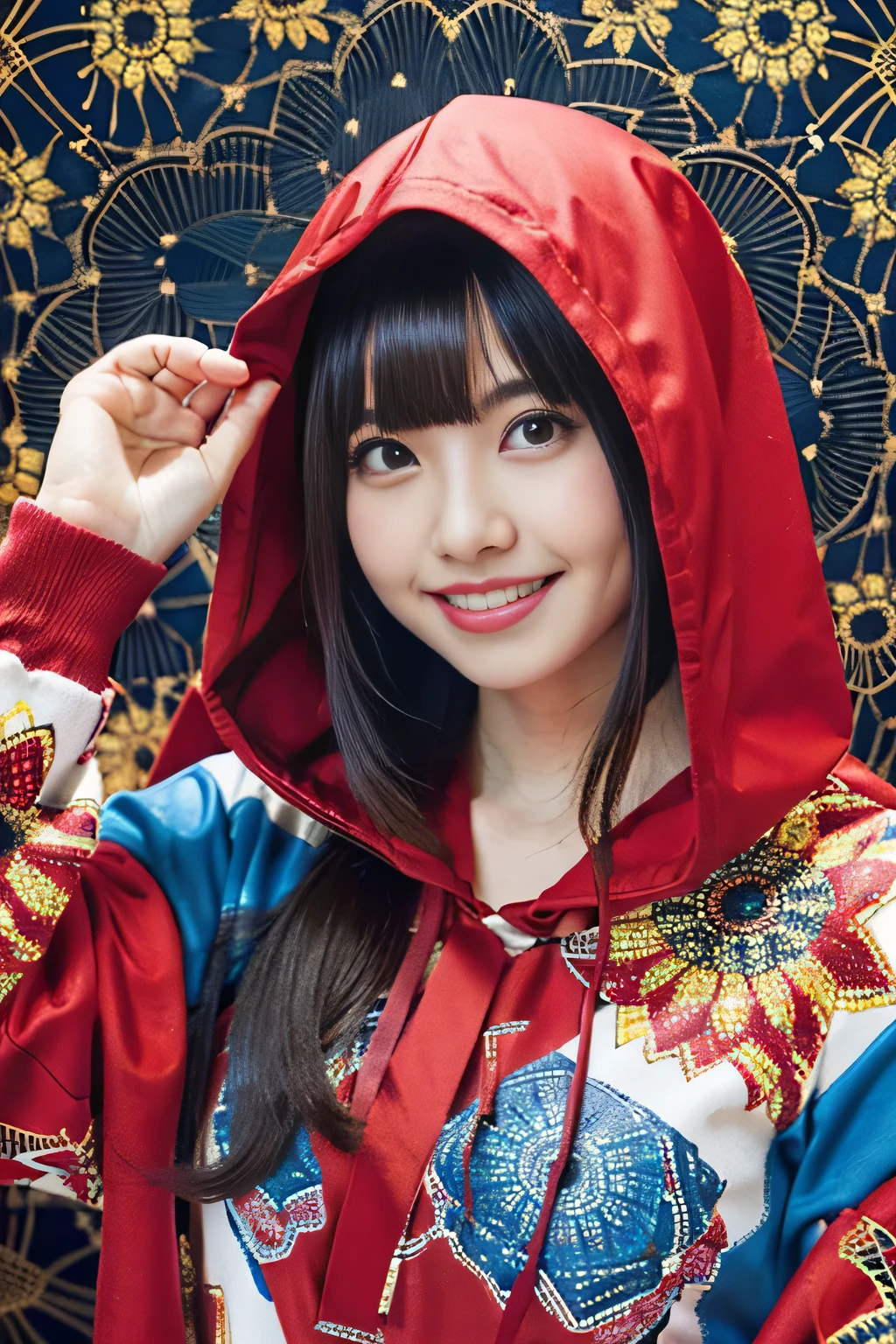 (best quality:1.2),(ultra detailed,highres,HDR,8k,3D,realistic,photorealistic,super fine,effects,official art,detailed background), (very happy smile,young,Japanese,detailed beautiful face), (Happy days),(round face,small face beauty), (dynamic pose:1.3), (head to thighs:1.3), (big red riding hood: 1.3), (Delicate dress), (Small face: 1.2), (Fairy-tale world feeling: 1.1) , (Put the wicker basket on the ground:1)(sunflower field:1.3), (zentangle;1.5), (mandala:1.5), (entanglement:1.5),(Penrose tiling background:1.5)