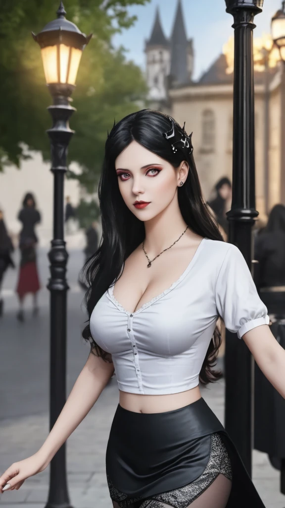 masterpiece, gothic aesthetic, dream atmosphere, ultra realistic, 16k, best quality, absurdres, perfect anatomy, 1girl, goth brunette, voluminous silky hair, goth makeup, bright red eyes (intense look), pale-white skin (highlighted), realistic shading, solo, Caera, red eyes, black t-shirt, large natural breasts cleavage, large hips, black mini skirt, tights (realistic textures), pretty seductive, upper body, beautiful girl, happy, lamp, outdoors, street, lamppost, different poses at different angles, blurred background, cinematic, Photorealistic.