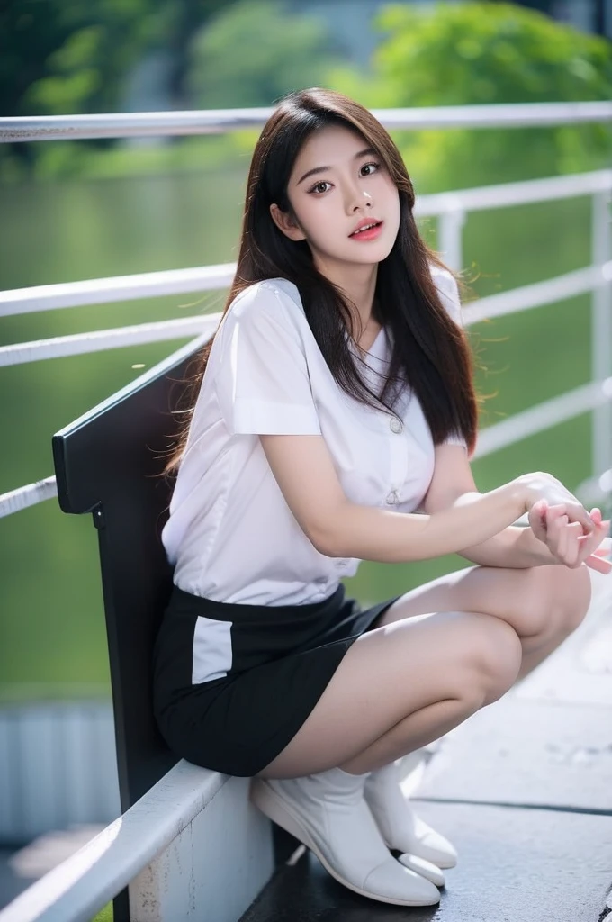 best quality, 8k, highly detailed face and skin texture, high resolution, huge tits long hair cute asian girl in white shirt and black short skirt at balcony with city view, full body, sharp focus