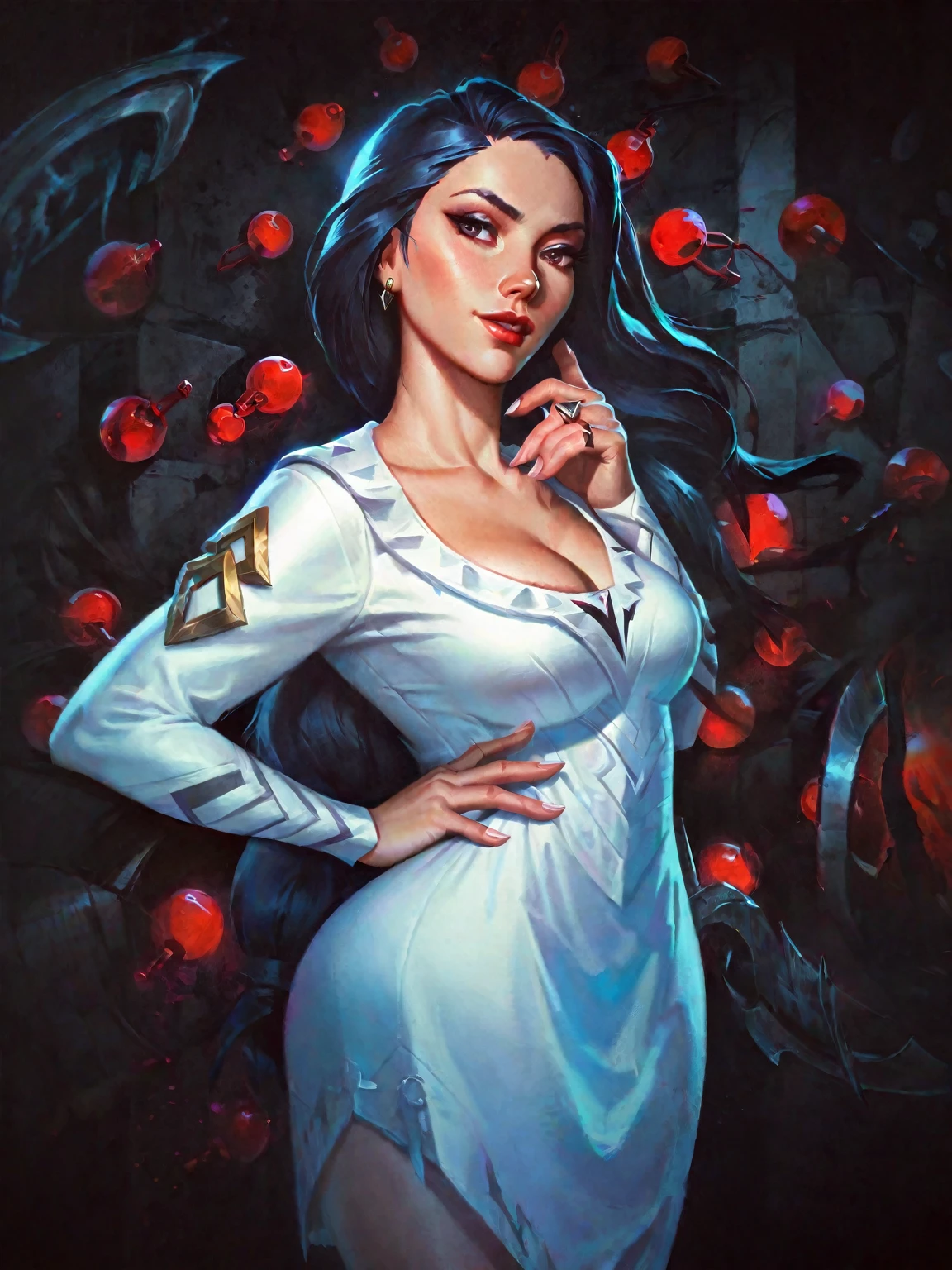 better aesthetics, lolsplashart, katarina, looking at viewer, wearring a white dress, Flat painted style, Genrih Valk illustration