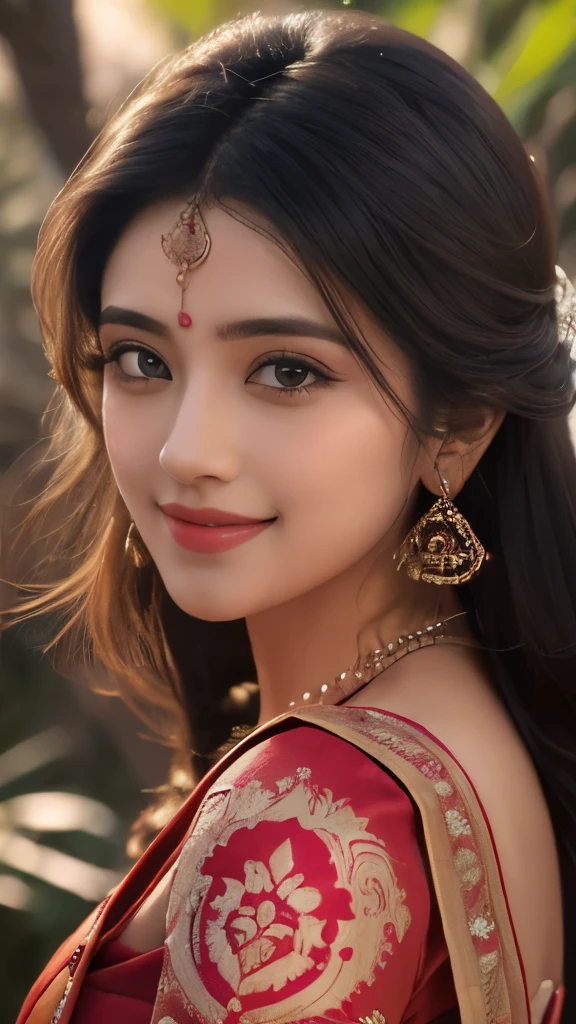 Close up, 24 year old indian woman, Bridal Red silky satin saree, White skin, long dense braided hair, Corn forming Fields landscapes background, ultra realistic, realism, cute, charming, day time, tattooed body, medium height, big eyes, pure Indian style saree, ambient lighting, perfect anatomy, detailed body and face, 8K, Masterpiece, RAW photo, Best quality, Photorealistic, Extremely detailed CG Unity 8K wallpaper, Noval Showing, Most Beautiful smile, ((smile:1.2)), very hot look eyes, Beautiful Smile