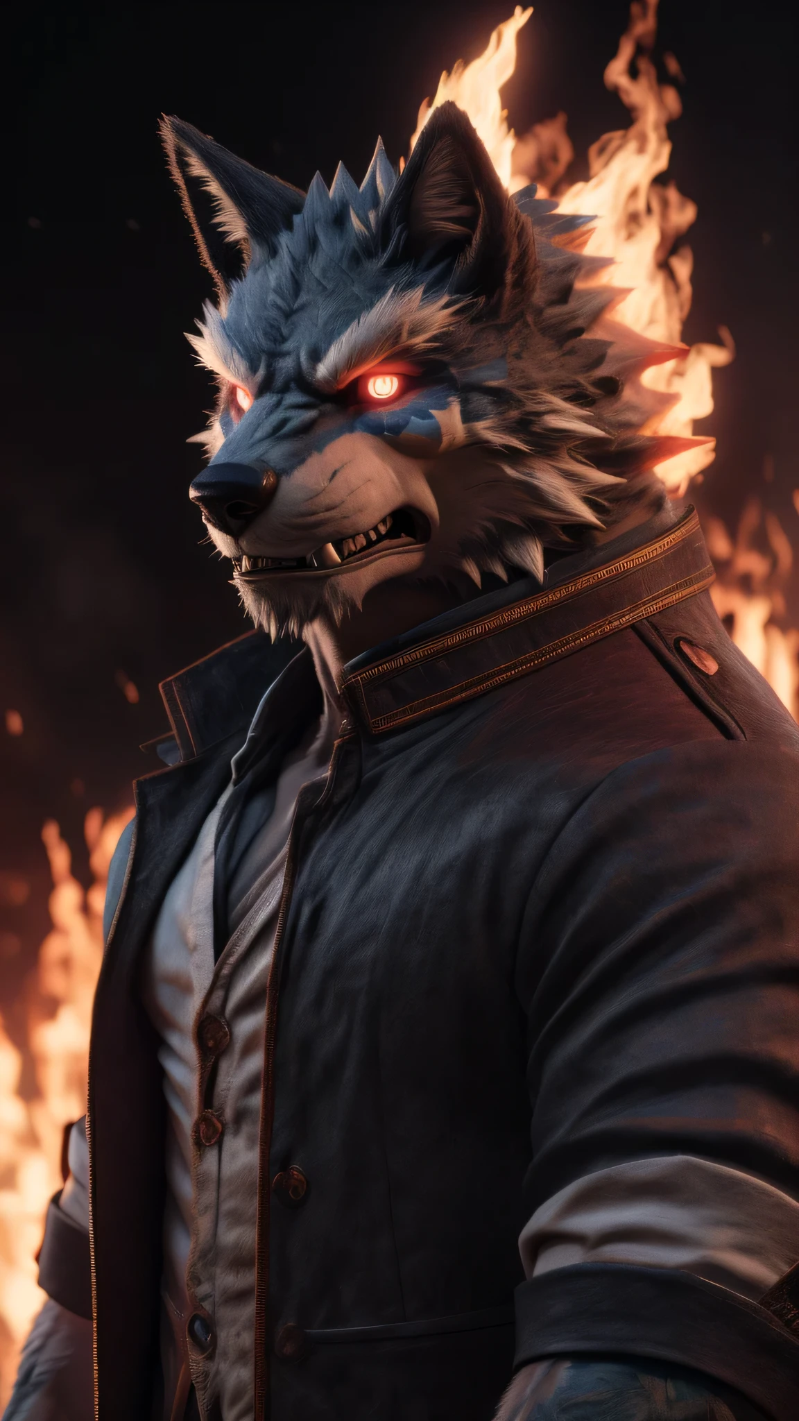 (best quality,8k,highres,masterpiece:1.2),ultra-detailed,(photorealistic:1.37),(the ultimate Orochi argo),red glowing eyes,staring at the viewer,detailed facial features,same design as Iori Yagami,background from The King of Fighters XV,fiery background,serious expression,on a realistic face,in 8k.