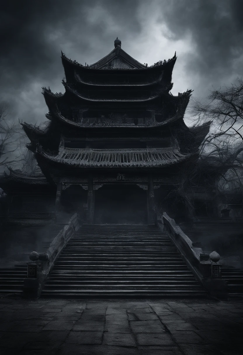 Chinese ancient building eerie mysterious dark scene