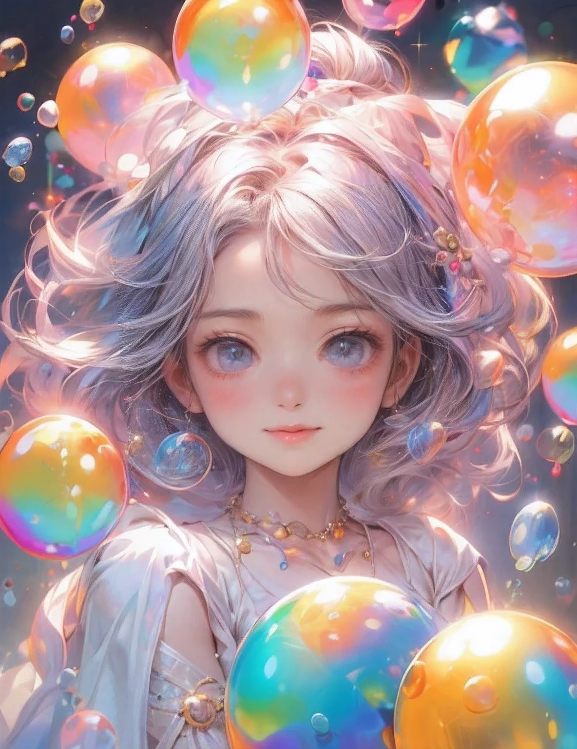masterpiece:1.2, highest quality, 16k, highres, ultra-realistic:1.37, beautiful detailed:1.2, beautiful woman, standing, beautiful posing, bubble, heart shape bubbles:1.5, Countless bubbles (heart shape:1.2, vibrant colors), bubbles of various sizes, bubbles:1.2, too many bubbles:1.2, happily smile, beautiful delicate(hair, face, long eyelash, eyes, pupils, lips, knee, anklet, bubbles), sparkling eyes, shining rosy lips, blushed cheek, through bangs,