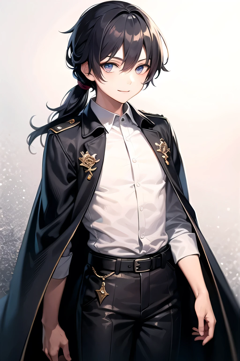 (high-quality, breathtaking),(expressive eyes, perfect face), 1boy, male, solo, young adult, black hair , deep blue coloured eyes, gentle smile, long hair, long hair tied in low ponytail, hair between eyes, fantasy clothing, white button up shirt, black pants, brown belt, small brown satchel, adventuring gear, wears a black cloak thats partially open