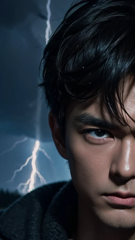 fairy lights, Close-up portrait of a man on his 25, corean, tense expression, stormy weather backdrop, dramatic lighting, reminiscent of Ansel Adams' work