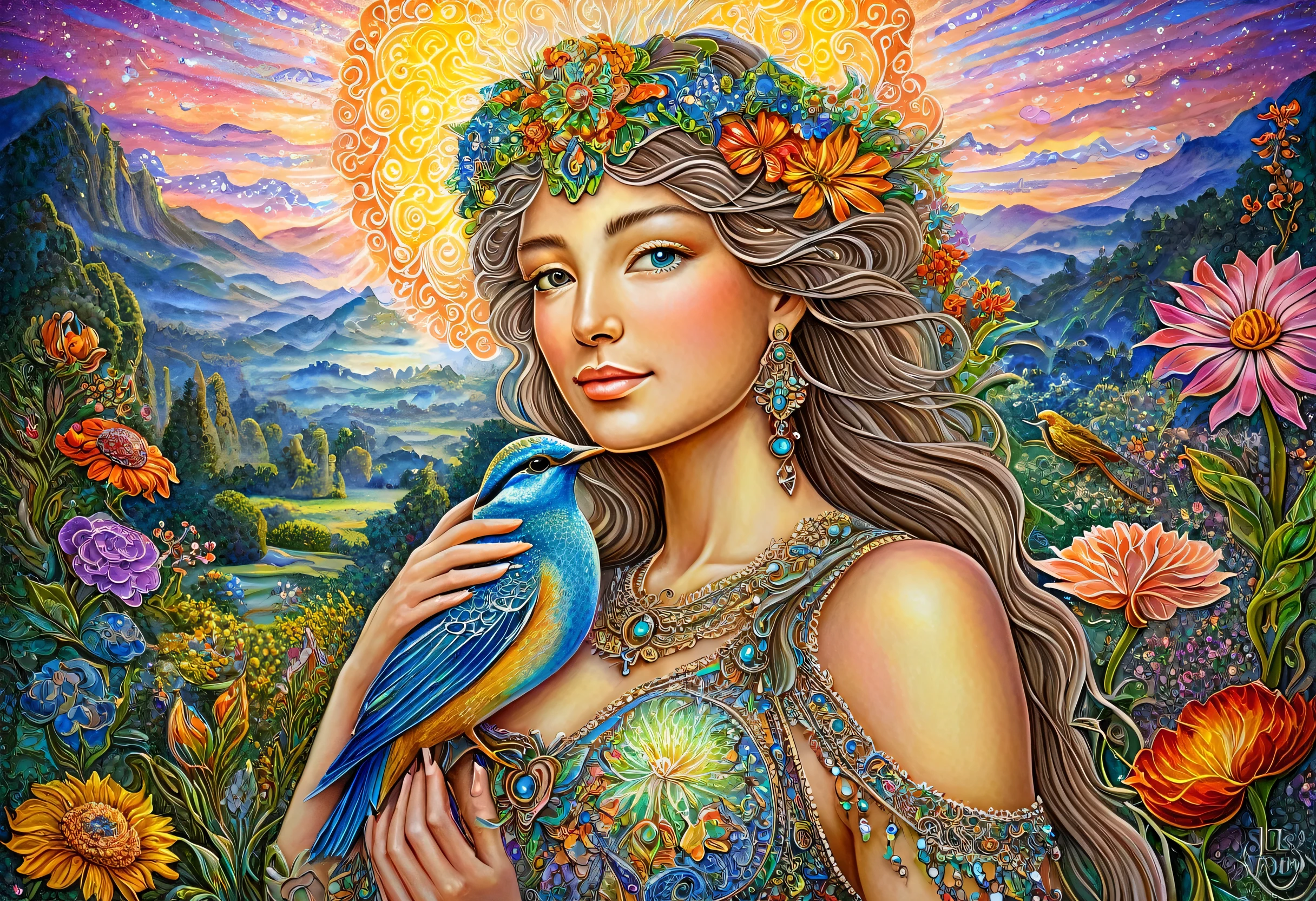 Painting of a woman with a bird and a flower on her shoulder, Ultra-fine detailed painting inspired by Josephine Wall, Featured on Behance, Metaphysical painting, She is the center of the garden, Goddess of love and peace, a goddess in a field of flowers, Renaissance painting, Intricate and beautiful paintings, Intricate fantasy painting, Goddess Art, Psychedelic Goddess