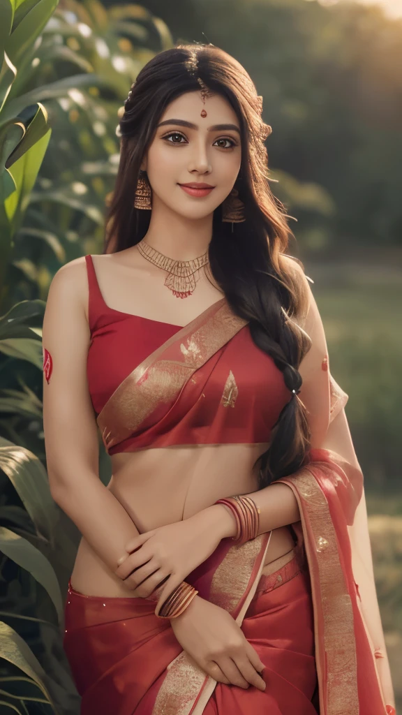 Close up, 24 year old indian woman, Bridal Red silky satin saree, White skin, long dense braided hair, Corn forming Fields landscapes background, ultra realistic, realism, cute, charming, day time, tattooed body, medium height, big eyes, pure Indian style saree, ambient lighting, perfect anatomy, detailed body and face, 8K, Masterpiece, RAW photo, Best quality, Photorealistic, Extremely detailed CG Unity 8K wallpaper, Noval Showing, Most Beautiful smile, ((smile:1.2)), very hot look eyes, Beautiful Smile