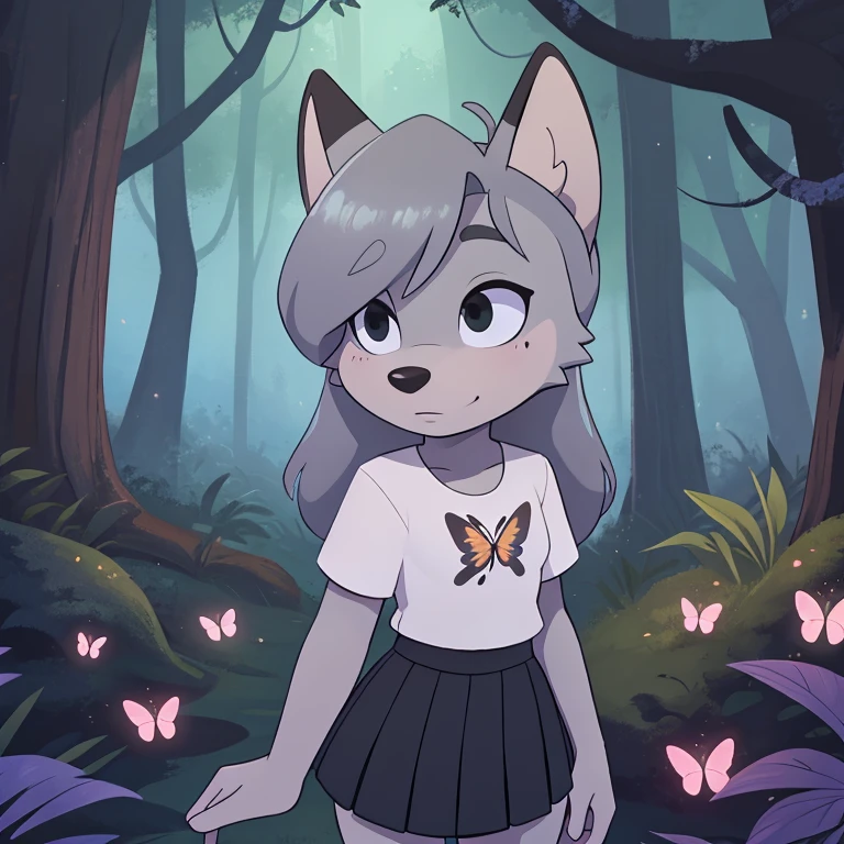 source_furry, furry fox girl, 1girl with (gray hair and gray skin and gray fur), wearing a black denim jacket and a white t-shirt, wearing a pleated black skirt, outside in a magical forest with butterflies