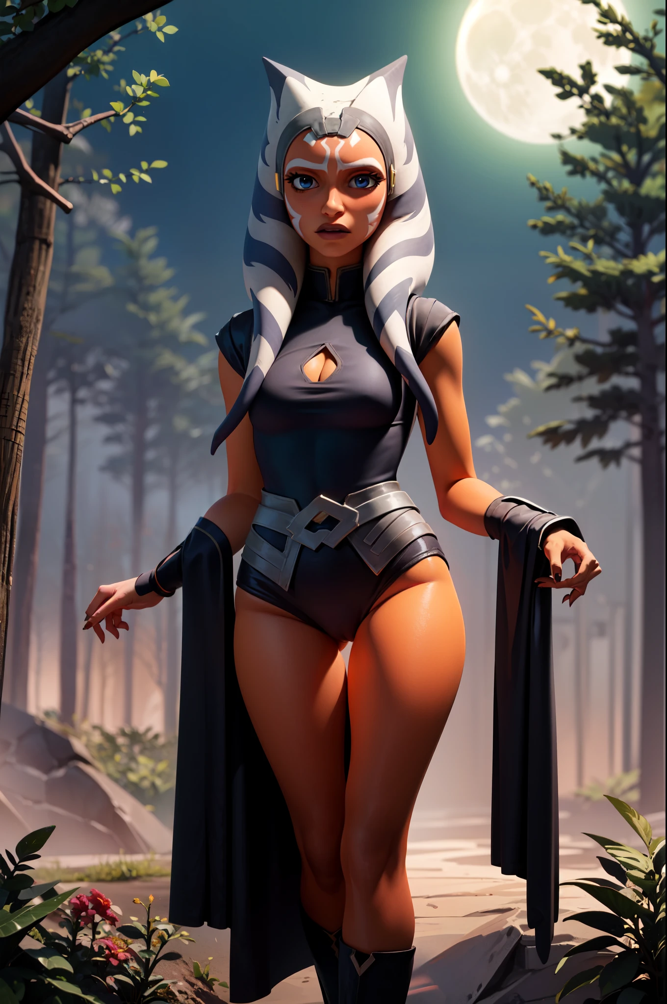 (masterpiece, best quality, ultra-detailed), AhsokaTano, (orange skin:1.2), blue eyes, makeup, medium breasts, blush, hooded cloak, fully clothed, forest, fog, nighttime, full moon, moon lit, walking, confident, focused, serious face