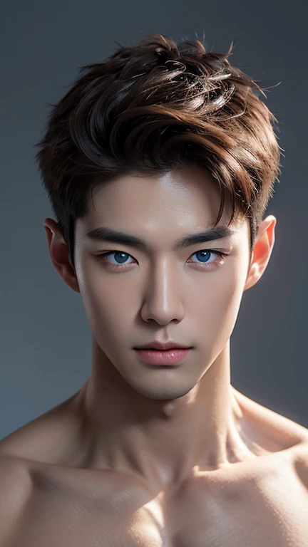 Create realistic images, High resolution photo with a handsome Korean guy, Heterochromatic blue eye, He was shirtless ..,nice skin,half body portrait,Open it up...,short light brown hair.,strong