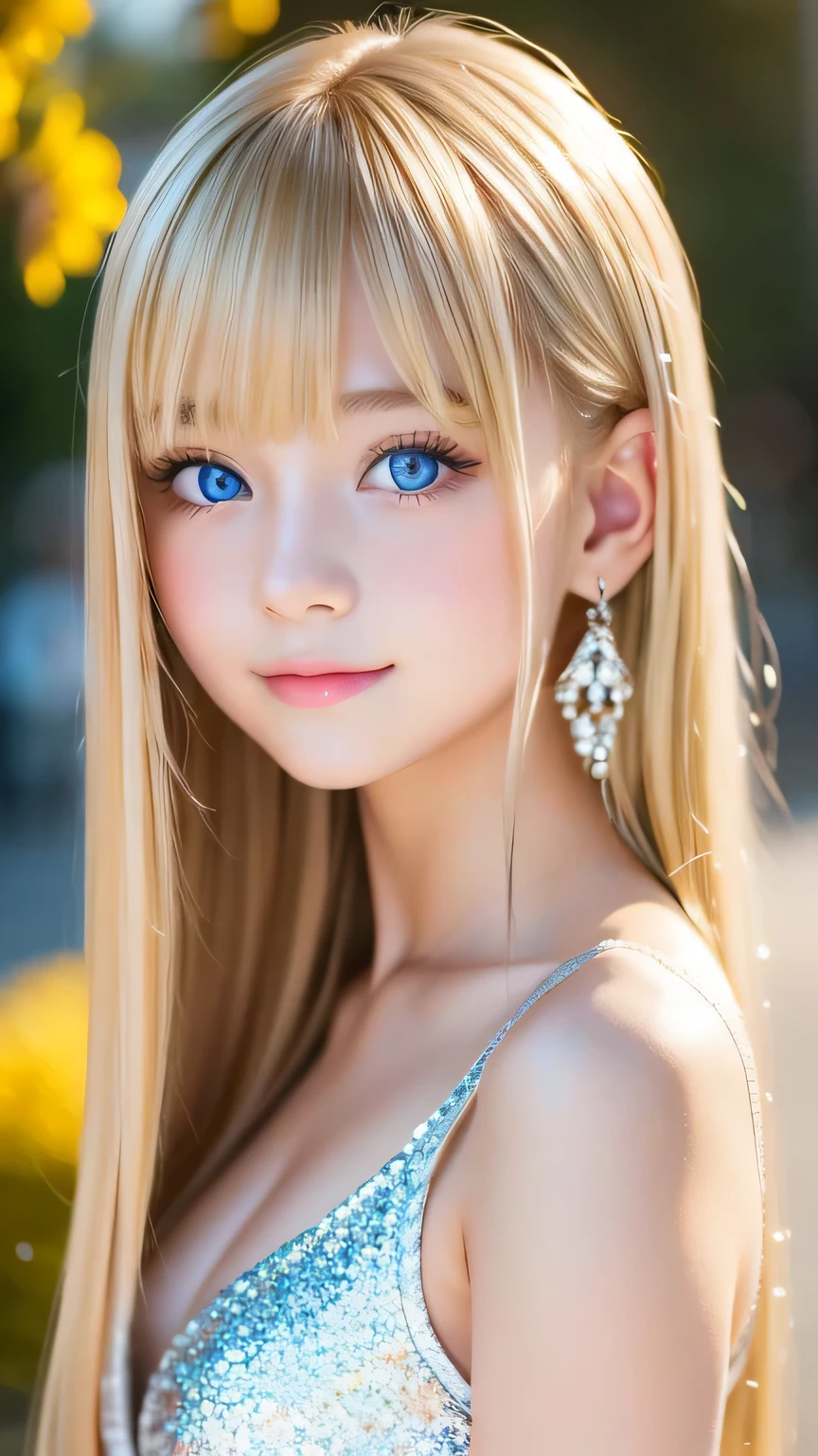 y 17 th dazzling shiny blonde hair、The cutest little beautiful face in the world、Sparkling bangs dancing in front of her pretty face、Long, silky bangs that cover the eyes、Large, clear, bright blue eyes、Super long straight hair、Cute young woman with super long blonde shiny light hair