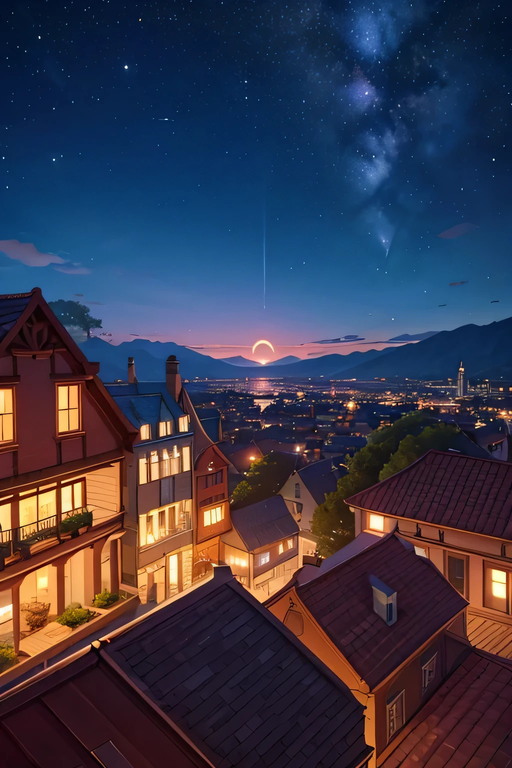 Steven universe environement, houses, cozy town, cityscape, Garnet visible in distance, beautful night sky,